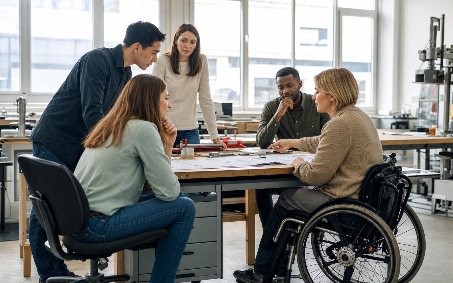 Ein vielfältiges Team arbeitet an einem Tisch, eine Frau im Rollstuhl leitet die Runde