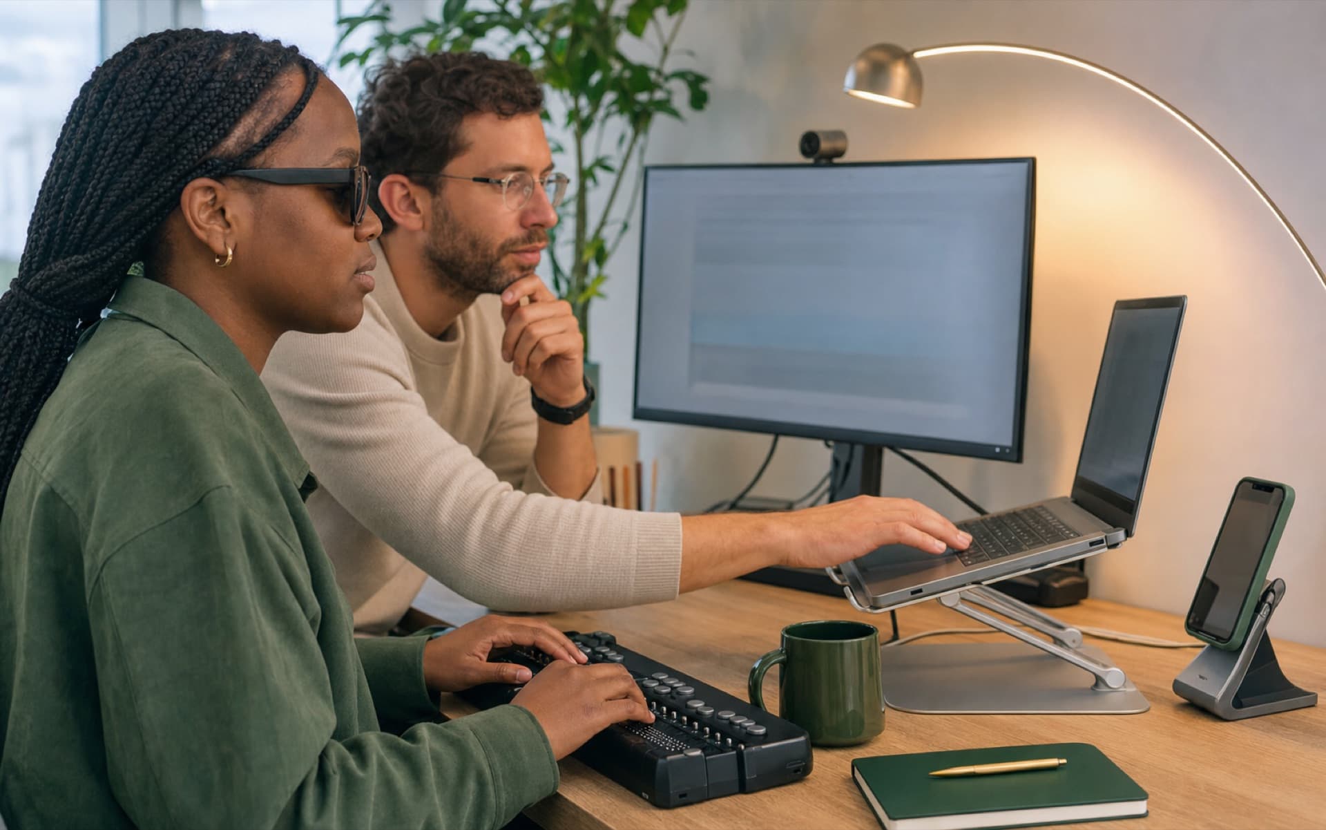 Eine blinde Nutzerin bedient eine Website mit Braillezeile und Screenreader am Arbeitsplatz