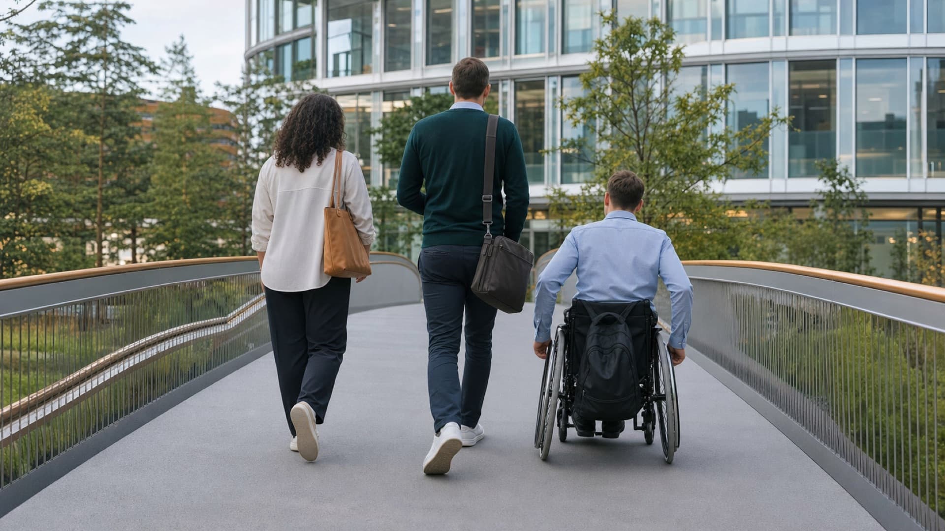 Eine junge Frau überquert eine Brücke auf dem Weg in einen Betrieb: der Übergang in den ersten Arbeitsmarkt